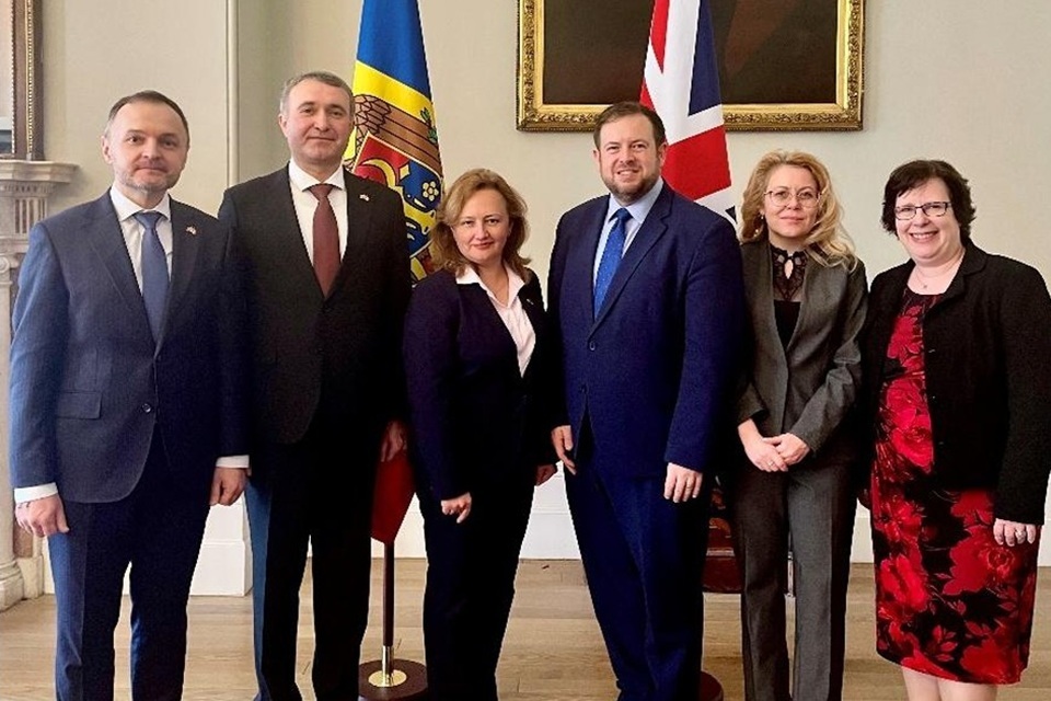 From left to right: Ruslan Bolbocean, Ambassador of the Republic of Moldova to the UK; Ghenadie Cojocaru, State Secretary for Defence, Ministry of Defence of the Republic of Moldova; Carolina Perebinos, State Secretary, Ministry of Foreign Affairs of the Republic of Moldova; Steven Doughty MP, UK Minister of State for Europe, North America and Overseas Territories; Cristina Ceban, State Secretary, Ministry of Economic Development and Digitalisation of the Republic of Moldova; and Fern Horine, UK Ambassador to the Republic of Moldova.